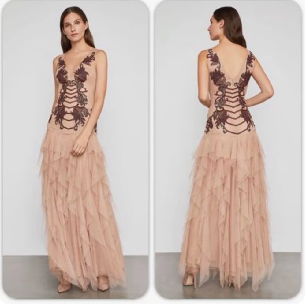 BCBGMAXAZRIA Nude Floral Embroidered Tulle Gown Maxi Dress w/ Sequin Detail